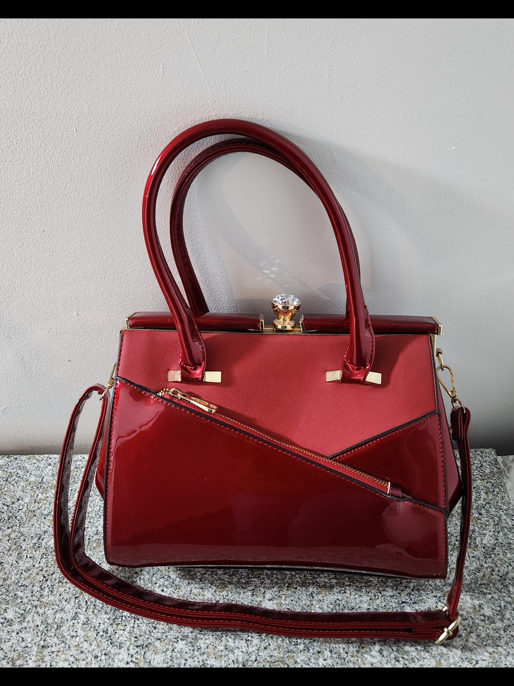 Elegant Red Patent Satchel Handbag with Detachable Strap